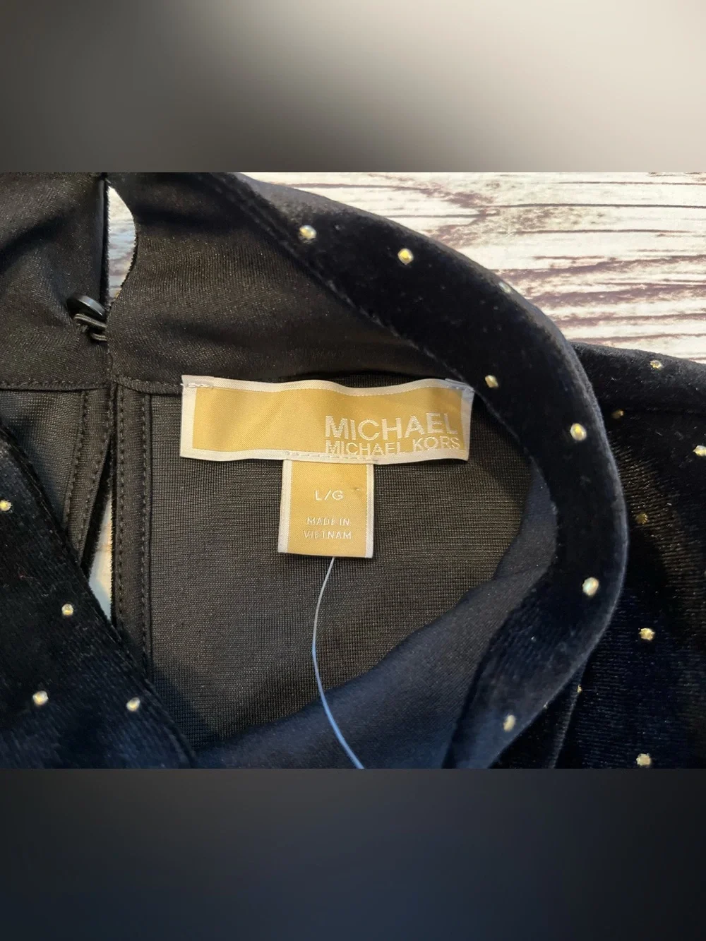 New Michael Kors Black Velvet Mock Neck Top Large Gold Studs  Holiday Wear NWT